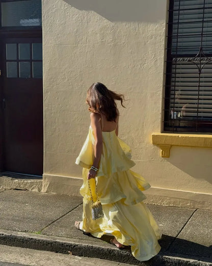 Women's Elegant Ruffle Maxi Wedding Guest Dress with Spaghetti Straps
