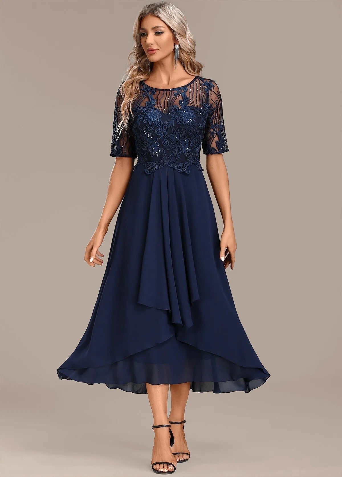 Women's Floral Elegant Midi Wedding Guest Dress with Layered Skirt