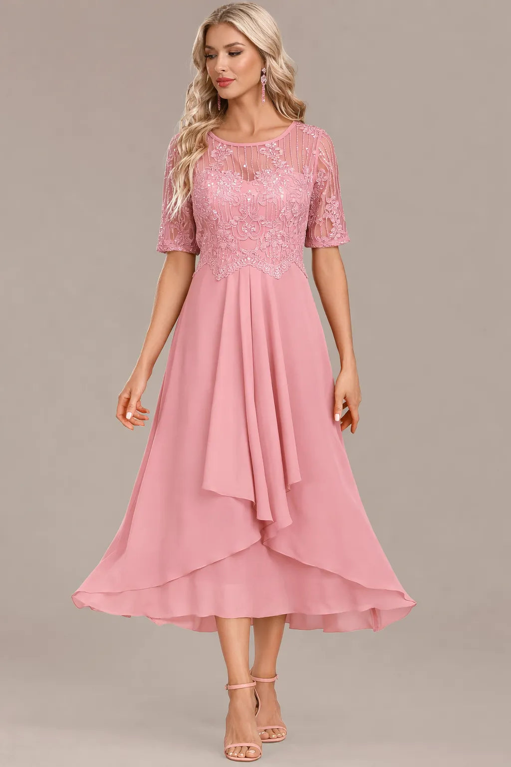 Women's Floral Elegant Midi Wedding Guest Dress with Layered Skirt
