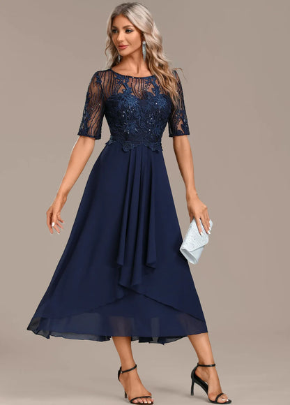 Women's Floral Elegant Midi Wedding Guest Dress with Layered Skirt