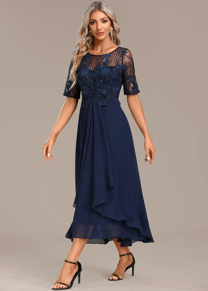 Women's Floral Elegant Midi Wedding Guest Dress with Layered Skirt