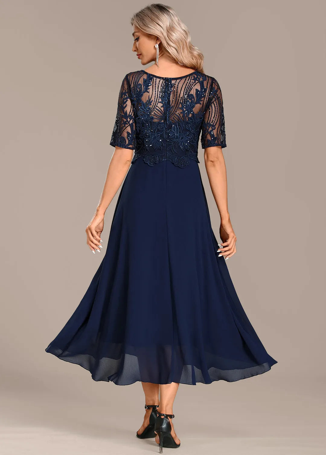 Women's Floral Elegant Midi Wedding Guest Dress with Layered Skirt