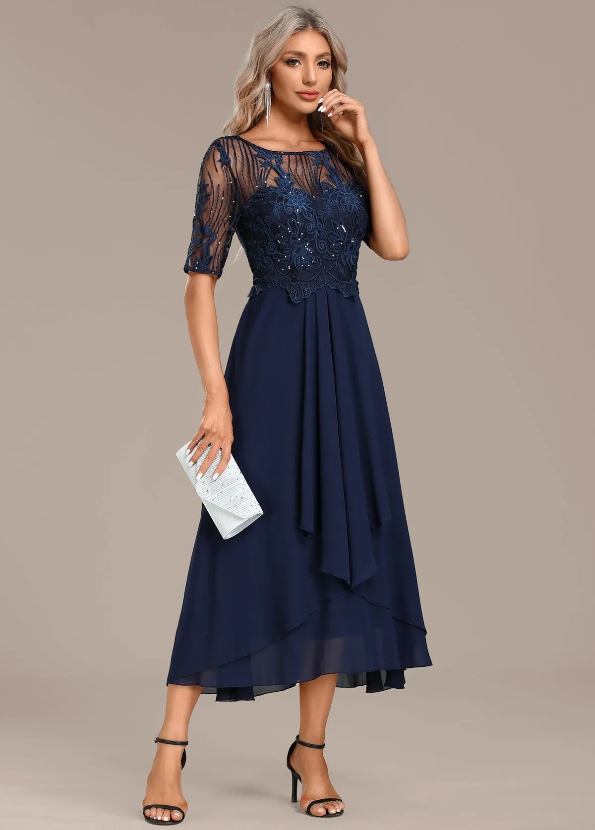 Women's Floral Elegant Midi Wedding Guest Dress with Layered Skirt