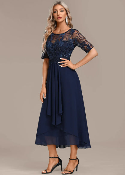Women's Floral Elegant Midi Wedding Guest Dress with Layered Skirt
