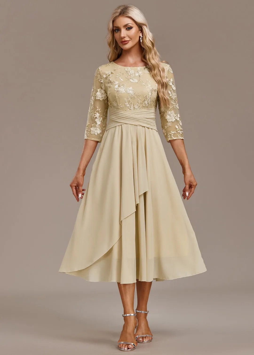 Women's Floral Elegant Midi Wedding Guest Dress with Layered Skirt