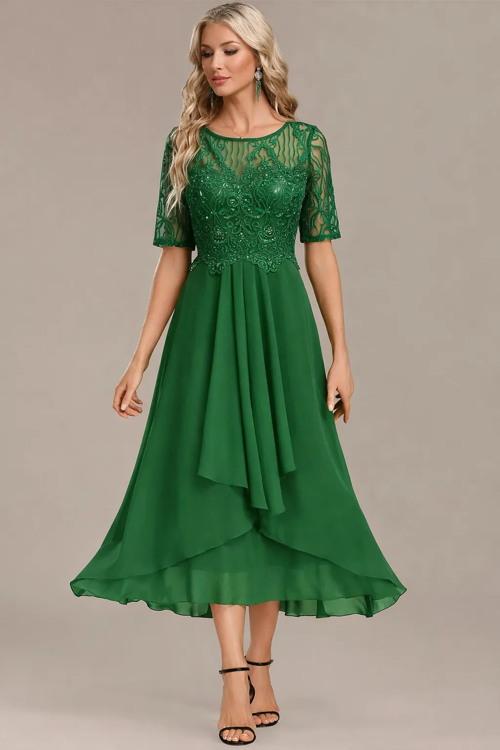 Women's Floral Elegant Midi Wedding Guest Dress with Layered Skirt