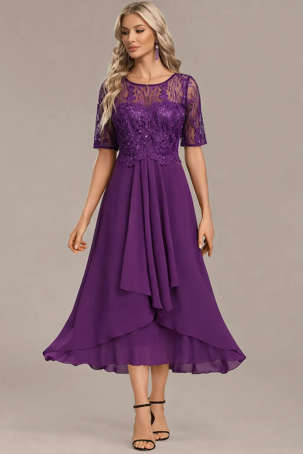 Women's Floral Elegant Midi Wedding Guest Dress with Layered Skirt