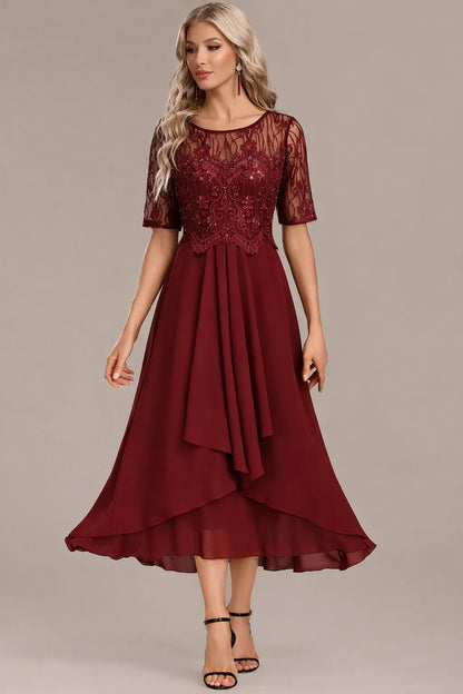 Women's Floral Elegant Midi Wedding Guest Dress with Layered Skirt